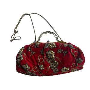 Unbranded Red and Bronze Beaded Clutch Purse Handbag Double Handles